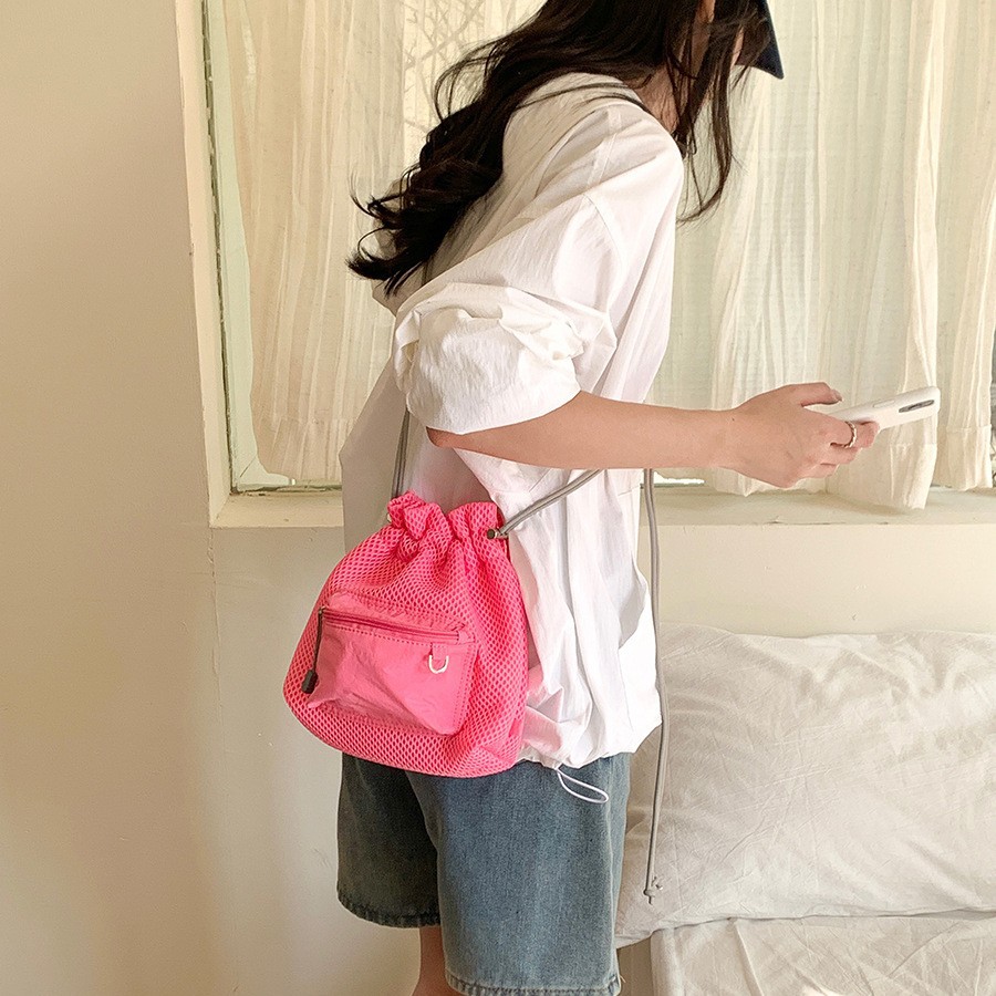 Small Mesh Drawstring Bucket Bag Shoulder Bag